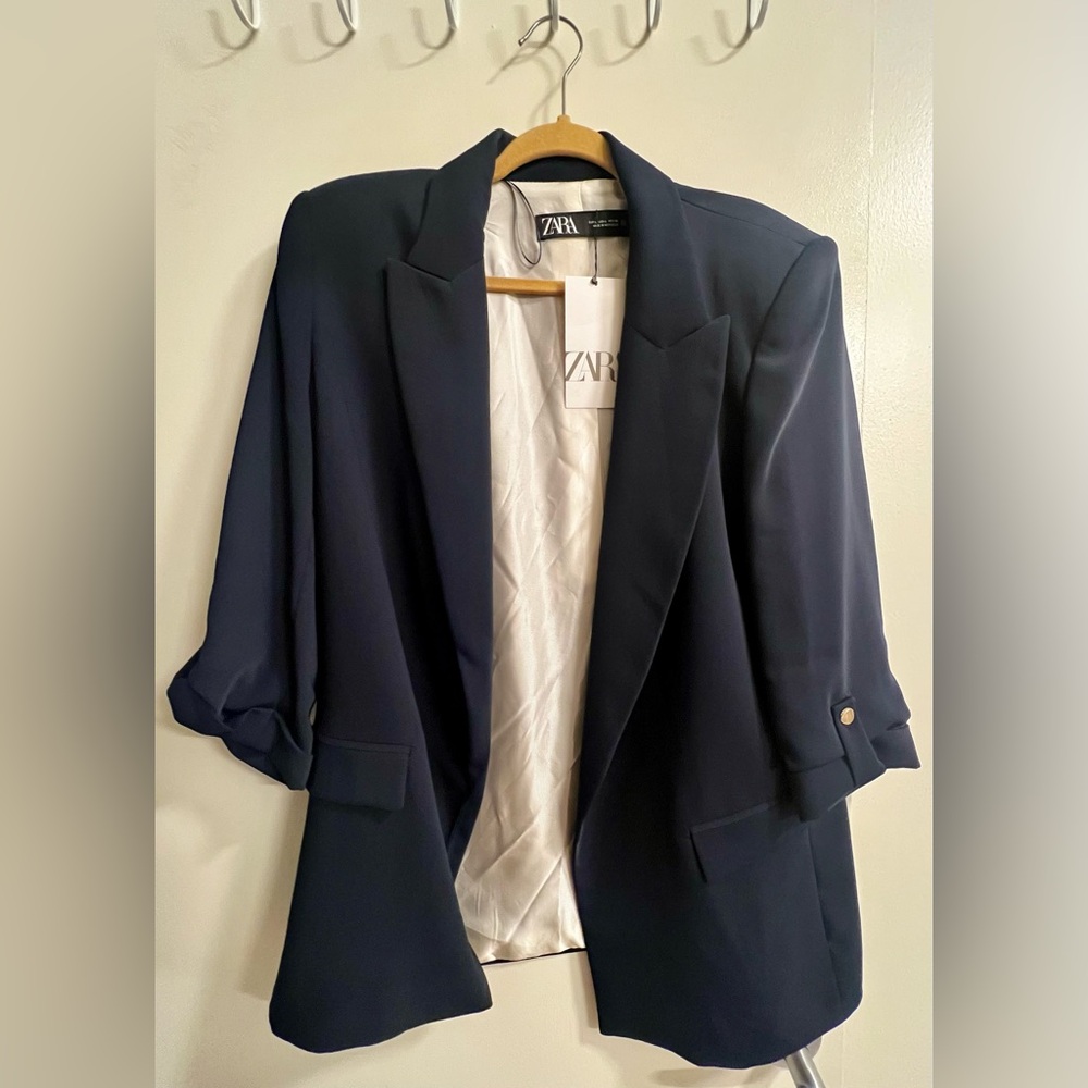 NWT Zara Open-Front Women's Blazer with Roll-Tab Sleeves | Navy + Gold Hardware
